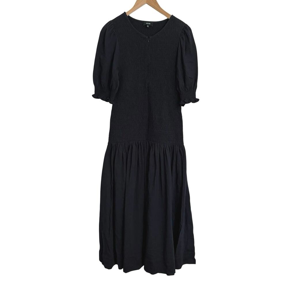 Me+em Black Hidden Zip Front Smocked Midi Dress Women’s Size US 10 Quiet Luxury